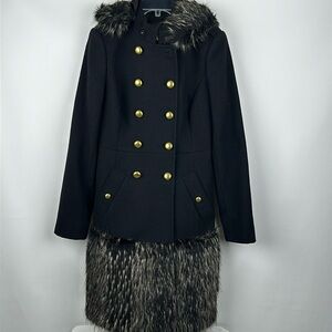 Rachel Zoe 100% Wool Military Style Faux Fur Trim Midi Coat